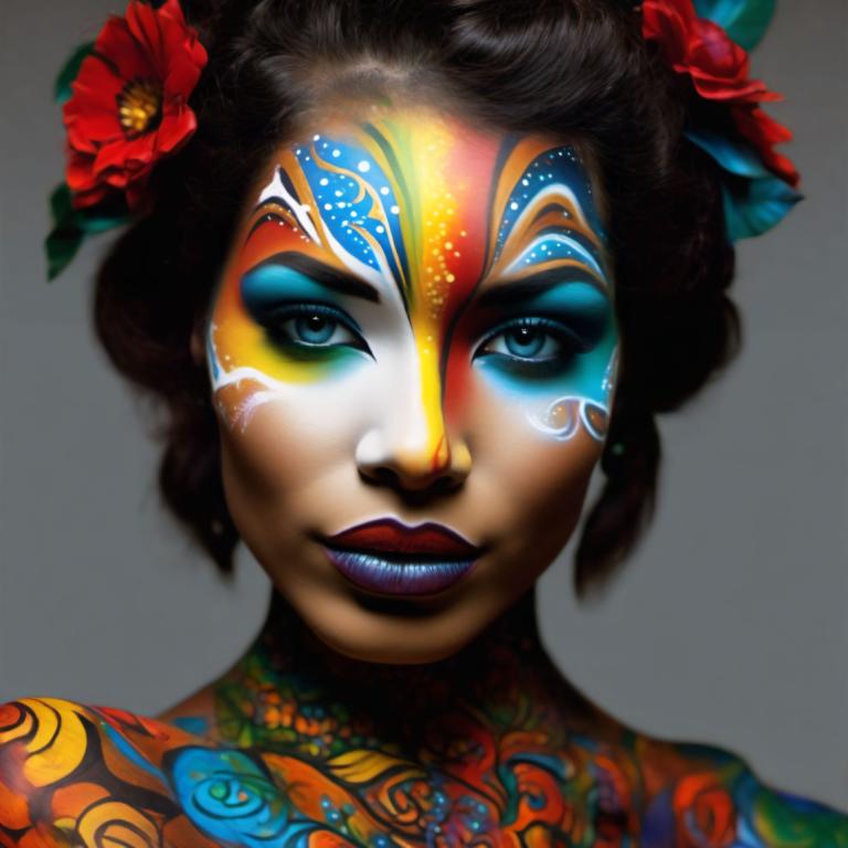 Bodypainting,Bodypainting, People, woman, 1girl, solo, hair ornament, flower, hair flower, makeup, lipstick