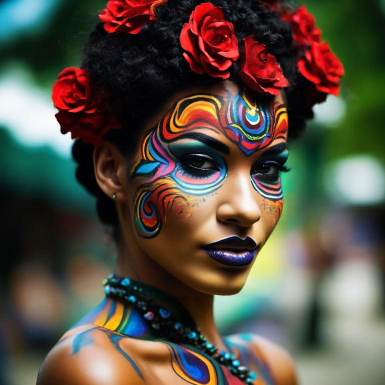 Bodypainting,Bodypainting, People, woman, 1girl, jewelry, solo, flower, earrings, makeup, dark skin