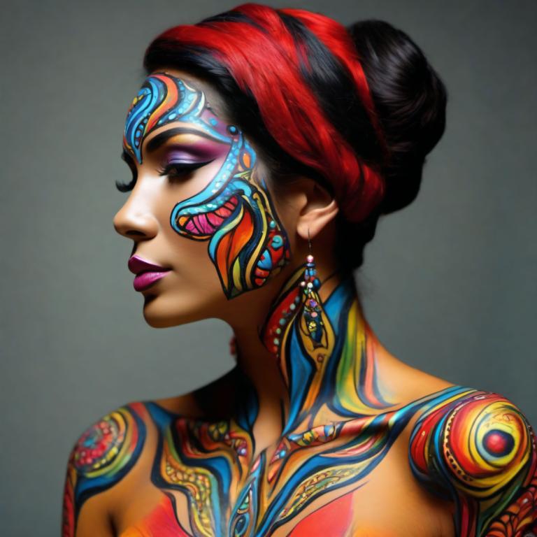 Bodypainting,Bodypainting, People, woman, 1girl, solo, jewelry, earrings, makeup, black hair, lipstick