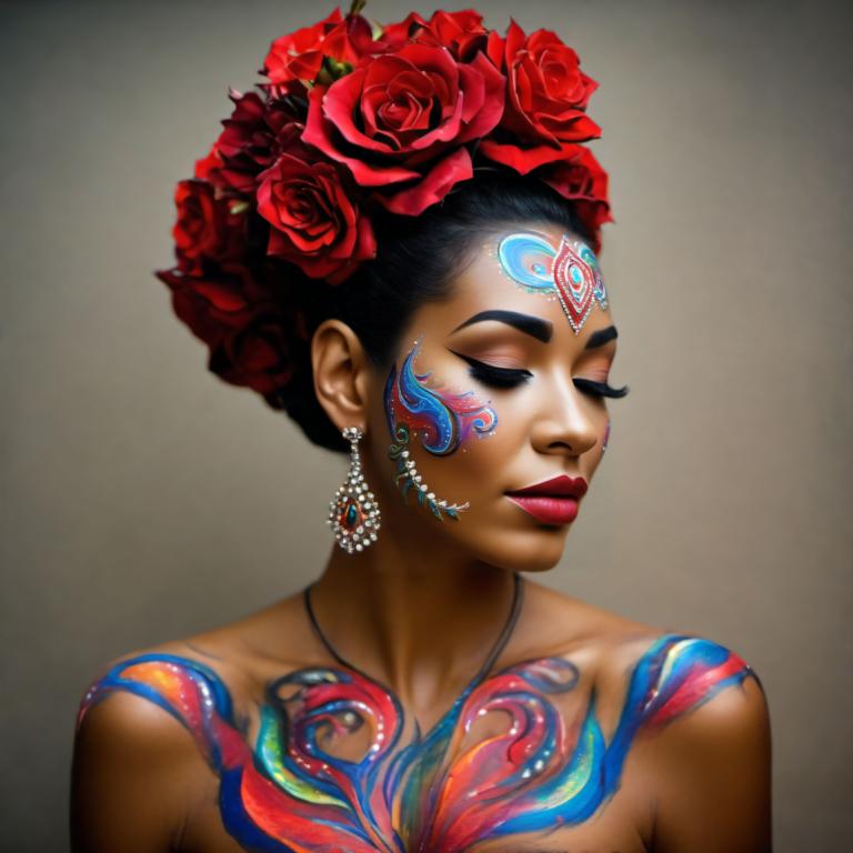 Bodypainting,Bodypainting, People, woman, 1girl, jewelry, solo, flower, earrings, hair ornament, necklace