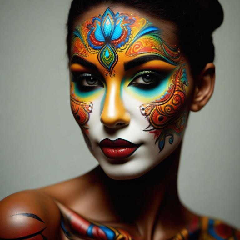 Bodypainting,Bodypainting, People, woman, 1girl, solo, facepaint, bodypaint, makeup, portrait, black hair