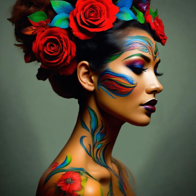 Bodypainting,Bodypainting, People, woman, 1girl, solo, flower, makeup, hair ornament, lipstick, hair flower