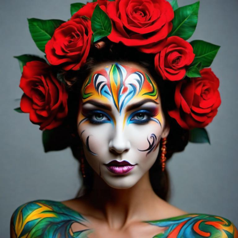 Bodypainting,Bodypainting, People, woman, 1girl, flower, solo, makeup, hair flower, hair ornament, rose