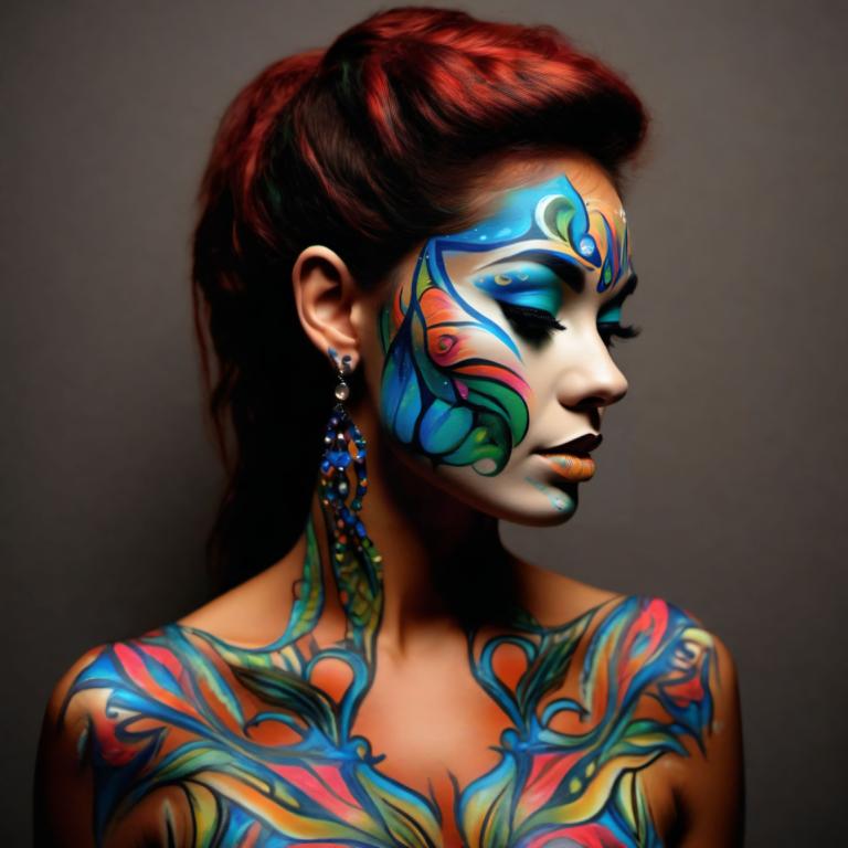 Bodypainting,Bodypainting, People, woman, 1girl, solo, jewelry, earrings, makeup, red hair, tattoo