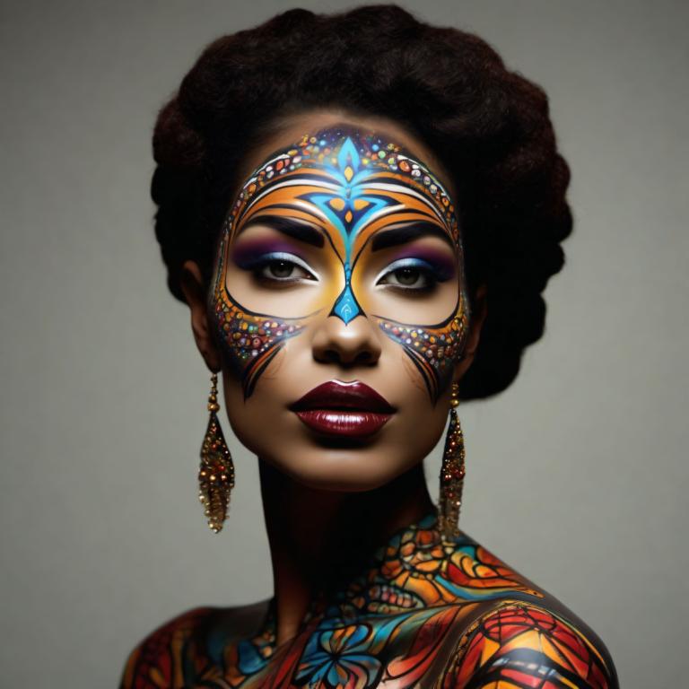 Bodypainting,Bodypainting, People, woman, 1girl, solo, facepaint, makeup, dark skin, portrait, black hair