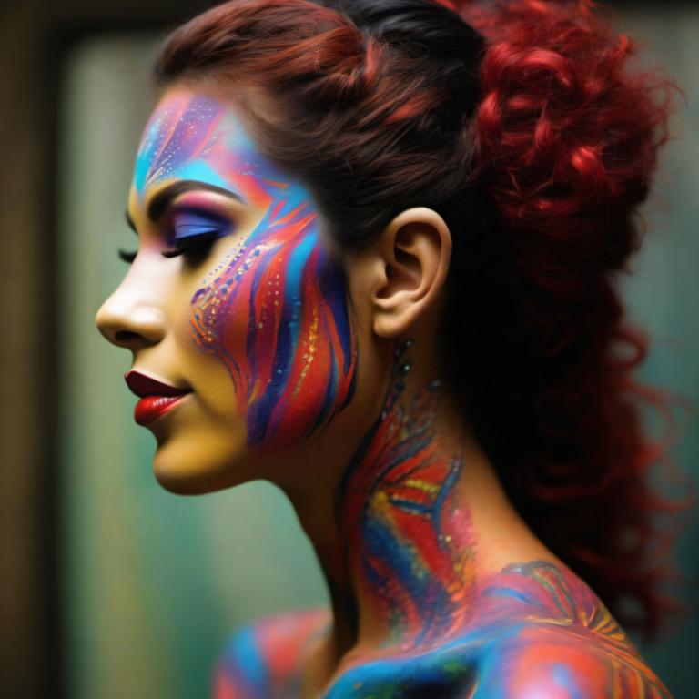 Bodypainting,Bodypainting, People, woman, 1girl, solo, makeup, profile, lipstick, facepaint, eyeshadow