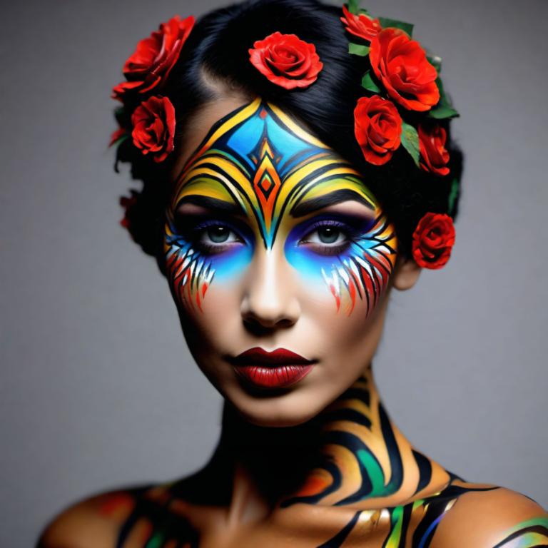 Bodypainting,Bodypainting, People, woman, 1girl, solo, facepaint, flower, hair flower, hair ornament, makeup