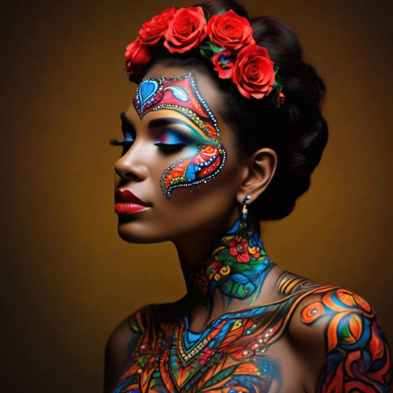 Bodypainting,Bodypainting, People, woman, 1girl, jewelry, earrings, solo, flower, hair ornament, dark skin