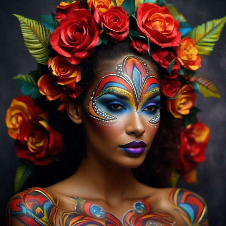 Bodypainting,Bodypainting, People, woman, 1girl, solo, flower, makeup, lipstick, rose, red flower, facepaint