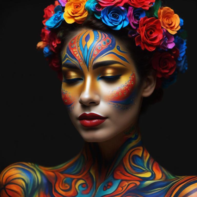 Bodypainting,Bodypainting, People, woman, 1girl, solo, flower, facepaint, red lips, makeup, blue flower