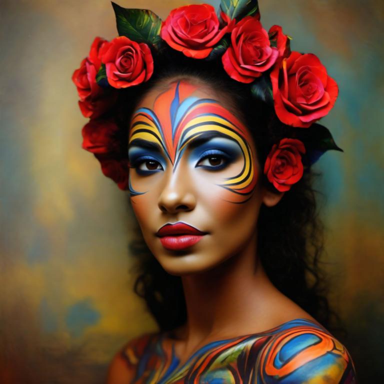 Bodypainting,Bodypainting, People, woman, 1girl, solo, flower, makeup, hair flower, hair ornament, facepaint