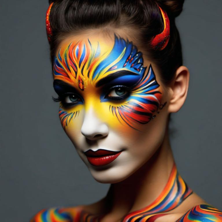 Bodypainting,Bodypainting, Lidé, žena, 1 dívka, sólo, obličejová barva, šedé pozadí, makeup, portrét