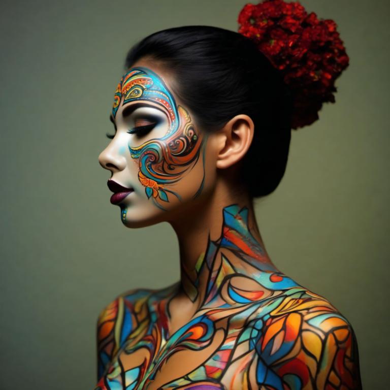 Bodypainting,Bodypainting, People, woman, 1girl, solo, black hair, makeup, lipstick, facepaint, hair ornament