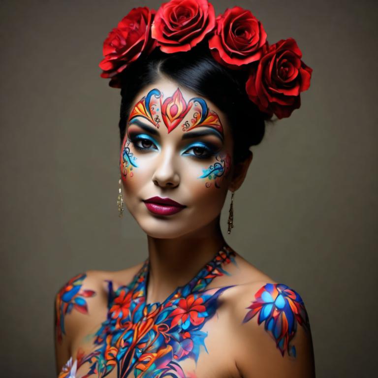 Bodypainting,Bodypainting, People, woman, 1girl, solo, jewelry, flower, earrings, hair ornament, hair flower