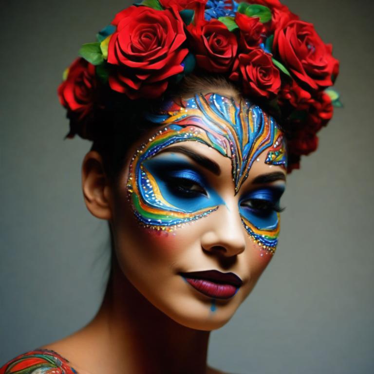 Bodypainting,Bodypainting, People, woman, solo, 1girl, flower, rose, makeup, facepaint, red flower, portrait