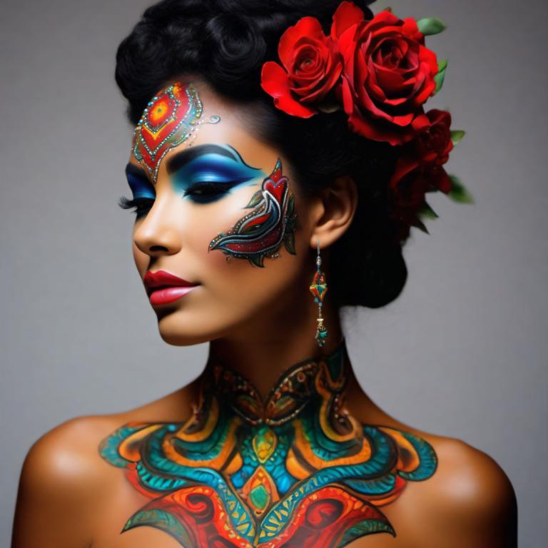 Bodypainting,Bodypainting, People, woman, 1girl, solo, jewelry, flower, hair ornament, earrings, makeup