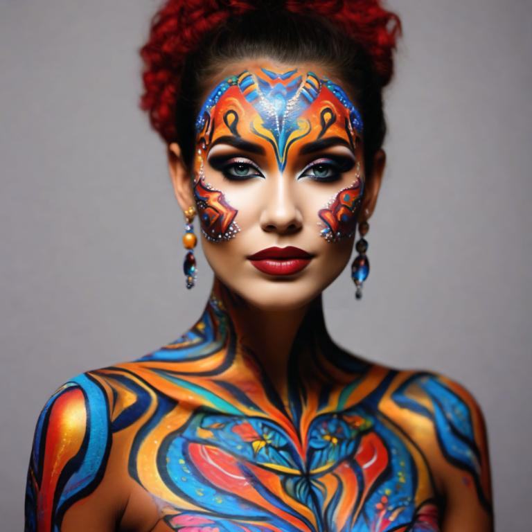 Bodypainting,Bodypainting, People, woman, 1girl, solo, jewelry, earrings, makeup, lipstick, facepaint