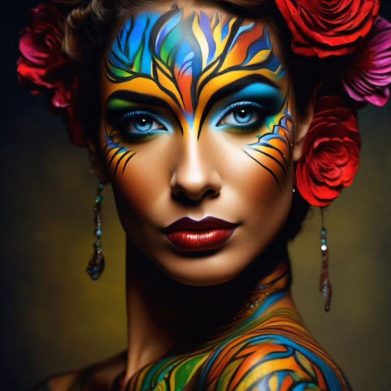 Bodypainting,Bodypainting, People, woman, 1girl, solo, flower, hair ornament, hair flower, makeup, blue eyes