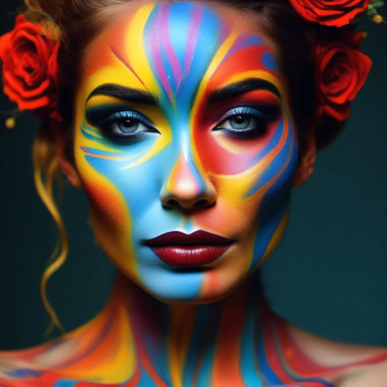 Bodypainting,Bodypainting, People, woman, 1girl, solo, flower, hair flower, hair ornament, facepaint, makeup