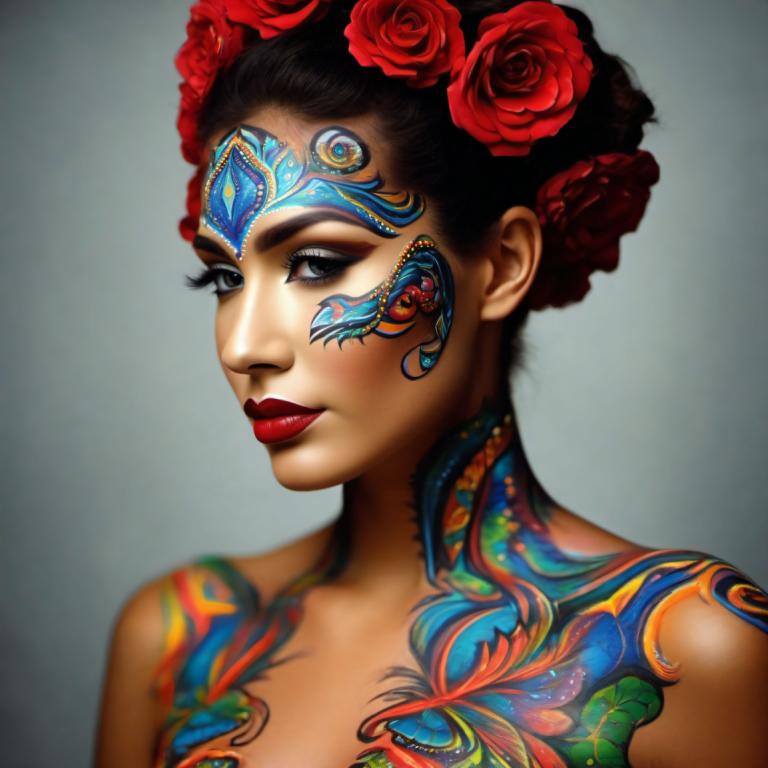 Bodypainting,Bodypainting, People, woman, 1girl, solo, hair ornament, flower, hair flower, makeup, lipstick