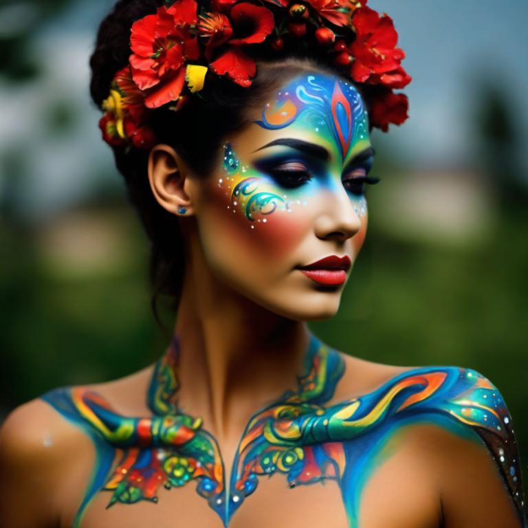 Bodypainting,Bodypainting, People, woman, 1girl, jewelry, solo, earrings, flower, hair ornament, hair flower