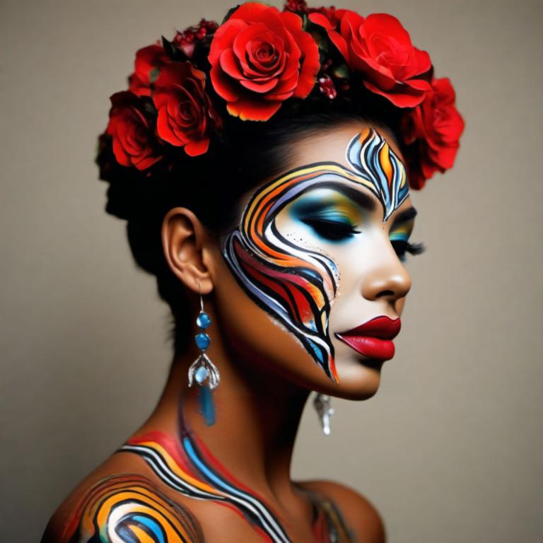 Bodypainting,Bodypainting, People, woman, 1girl, solo, jewelry, earrings, flower, hair ornament, hair flower