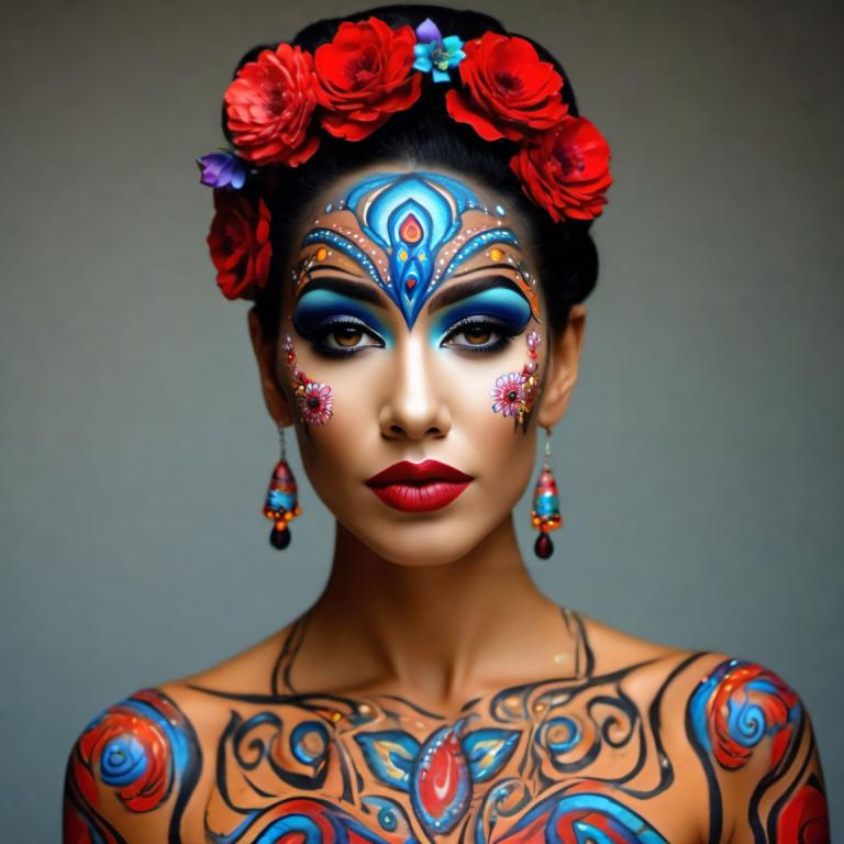 Bodypainting,Bodypainting, People, woman, 1girl, solo, jewelry, makeup, earrings, hair ornament, brown eyes