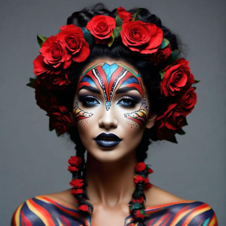 Bodypainting,Bodypainting, People, woman, 1girl, solo, flower, makeup, lipstick, hair ornament, rose