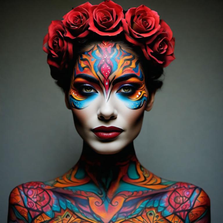 Bodypainting,Bodypainting, People, woman, 1girl, solo, flower, makeup, hair flower, hair ornament, red lips