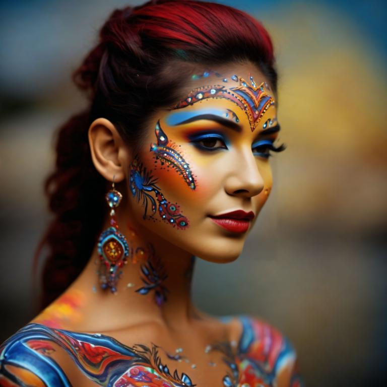 Bodypainting,Bodypainting, People, woman, 1girl, solo, makeup, red hair, eyeshadow, jewelry