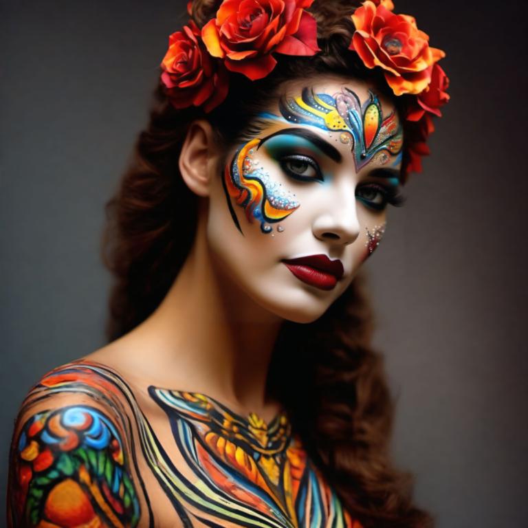 Bodypainting,Bodypainting, People, woman, 1girl, solo, flower, hair ornament, hair flower, facepaint, makeup