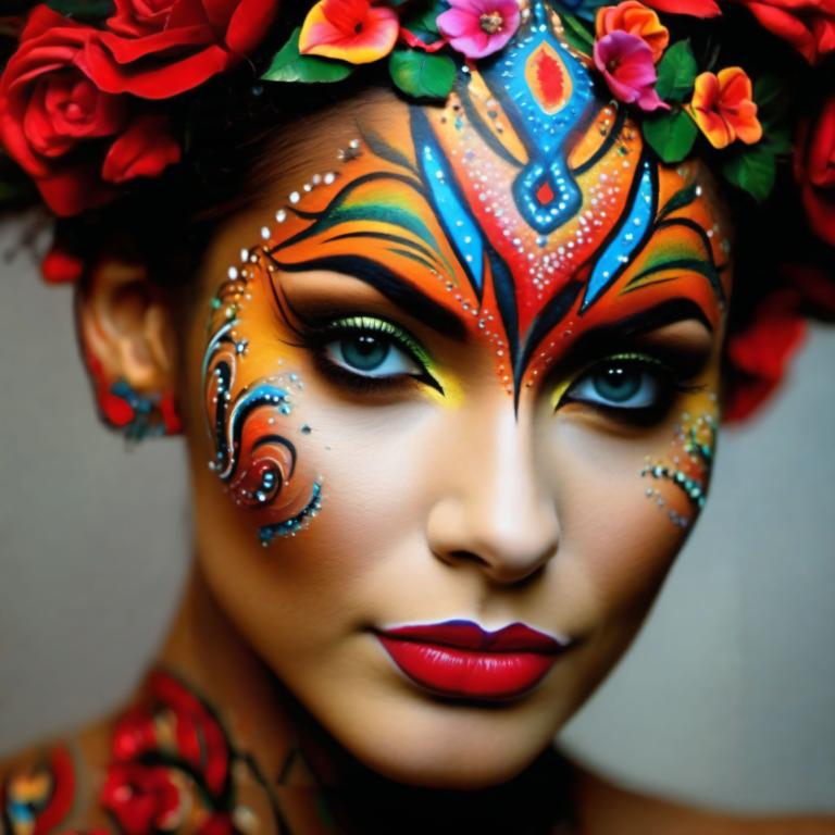 Bodypainting,Bodypainting, People, woman, 1girl, solo, flower, makeup, earrings, jewelry, blue eyes