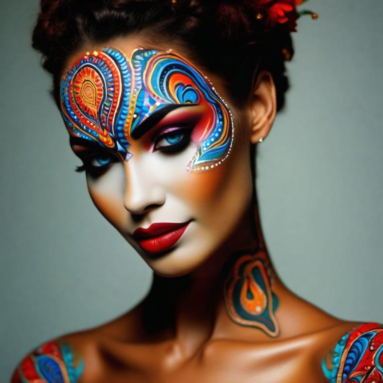 Bodypainting,Bodypainting, People, woman, 1girl, solo, blue eyes, makeup, earrings, jewelry, hair ornament