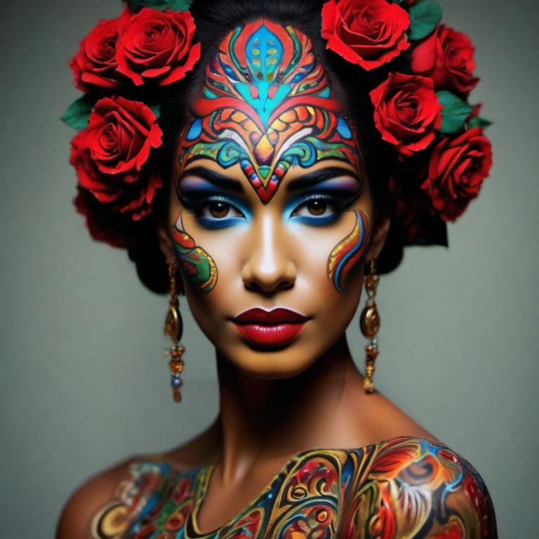 Bodypainting,Bodypainting, People, woman, 1girl, jewelry, solo, earrings, flower, makeup, hair ornament