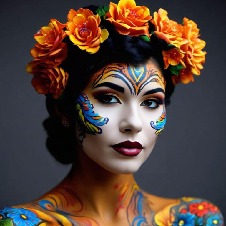 Bodypainting,Bodypainting, Mennesker, kvinde, 1 pige, solo, blomst, hårpynt, hår blomst, sort hår, makeup