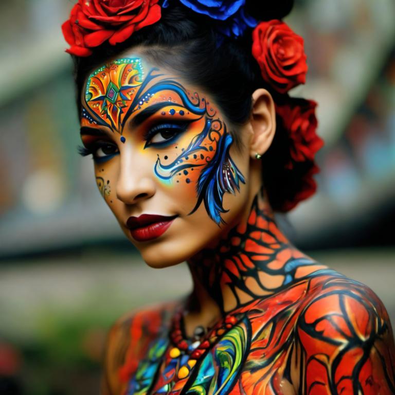 Bodypainting,Bodypainting, Mennesker, kvinde, 1 pige, solo, smykker, blomst, makeup, øreringe, hårpynt