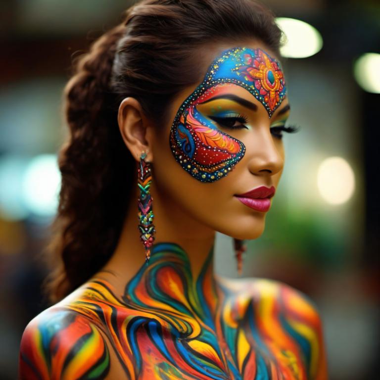 Bodypainting,Bodypainting, People, woman, 1girl, jewelry, earrings, solo, dark skin, makeup