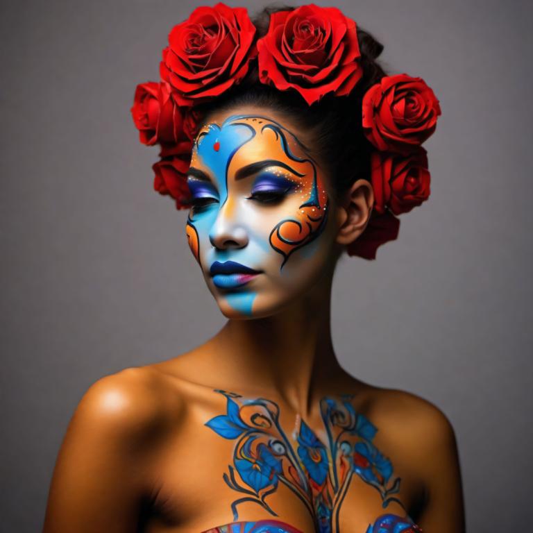 Bodypainting,Bodypainting, People, woman, 1girl, solo, flower, hair ornament, hair flower, makeup, breasts