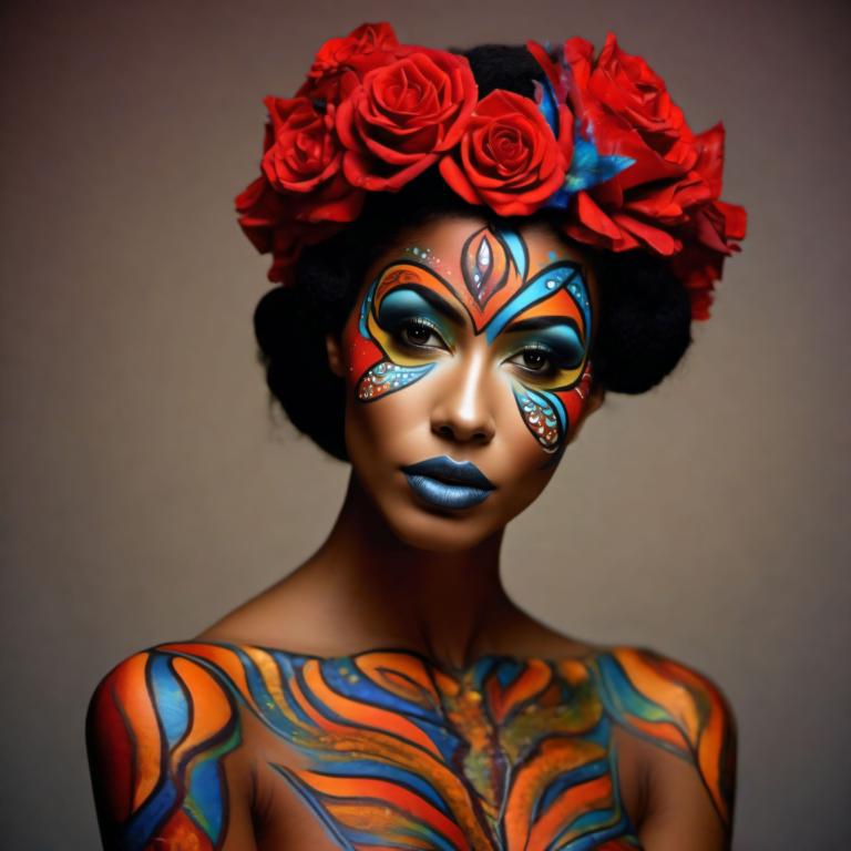 Bodypainting,Bodypainting, People, woman, 1girl, solo, flower, makeup, hair ornament, lipstick, hair flower