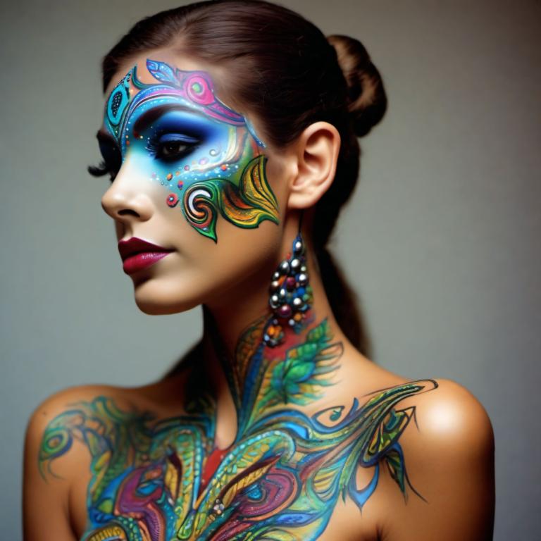 Bodypainting,Bodypainting, People, woman, 1girl, solo, makeup, jewelry, lipstick, brown hair, realistic, lips