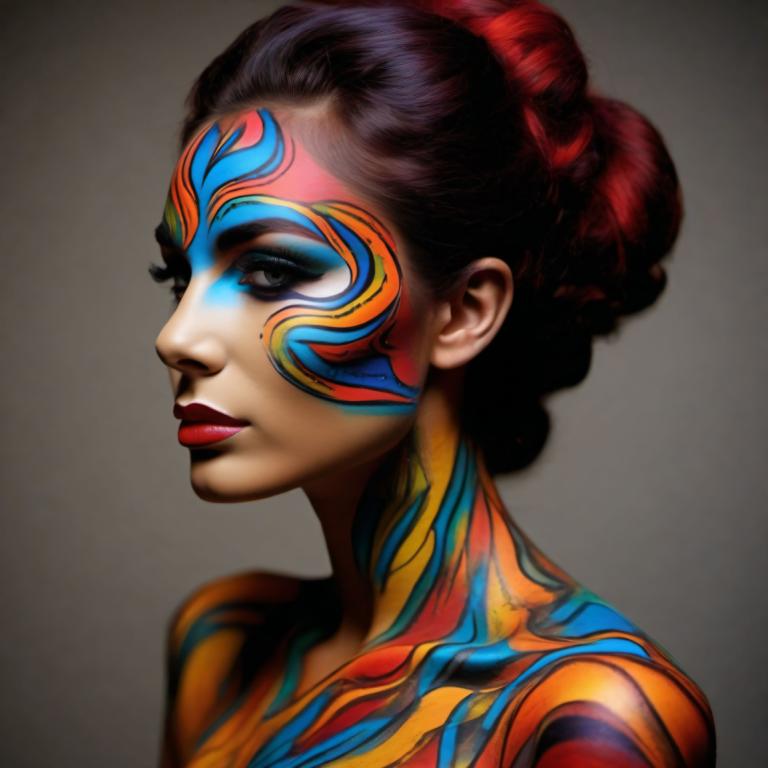 Bodypainting,Bodypainting, People, woman, 1girl, solo, facepaint, makeup, lipstick, lips, black hair