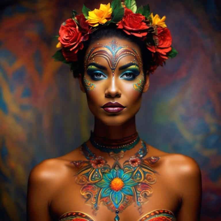 Bodypainting,Bodypainting, People, woman, 1girl, solo, flower, dark skin, hair ornament, makeup