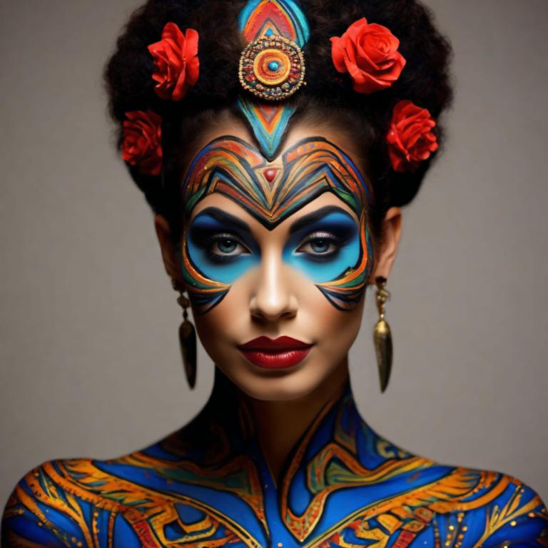 Bodypainting,Bodypainting, People, woman, 1girl, jewelry, solo, earrings, flower, makeup, hair ornament