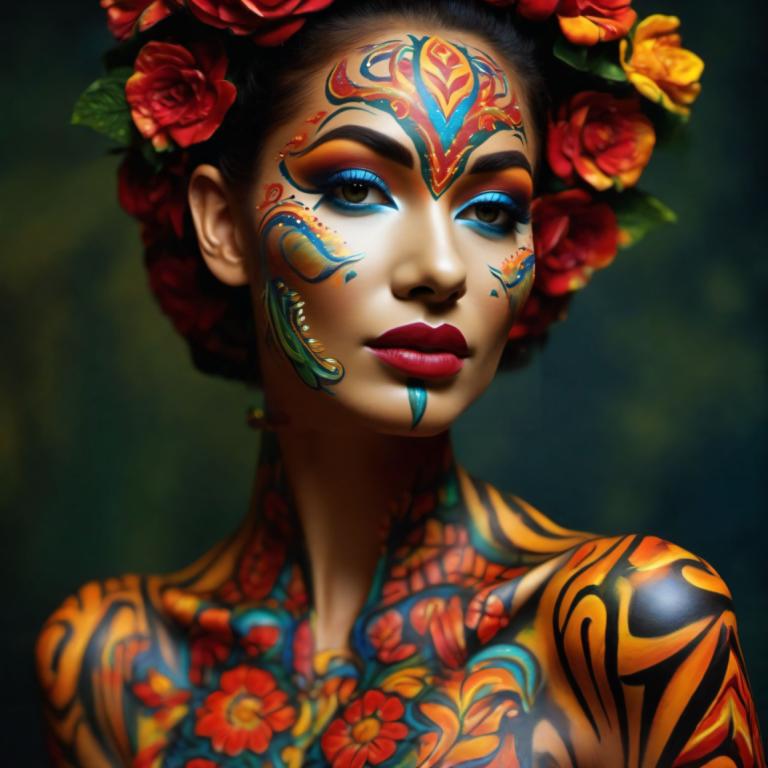 Bodypainting,Bodypainting, People, woman, 1girl, solo, flower, makeup, hair ornament, facepaint, hair flower