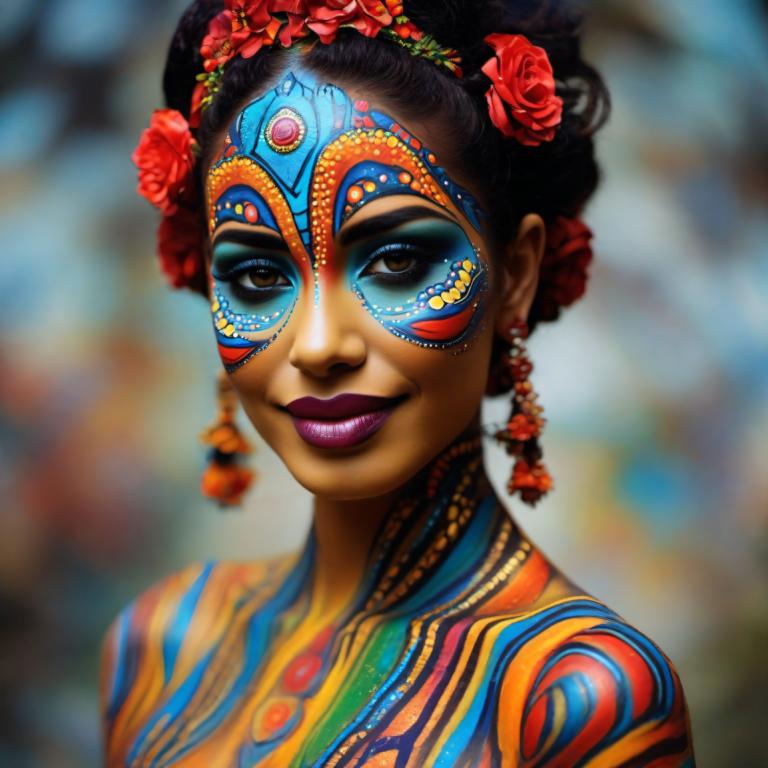 Bodypainting,Bodypainting, People, woman, 1girl, solo, facepaint, jewelry, hair ornament, makeup, lipstick