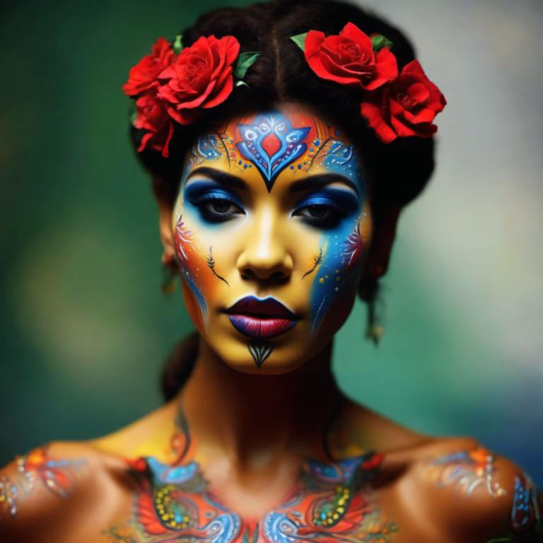 Bodypainting,Bodypainting, People, woman, 1girl, solo, flower, hair ornament, hair flower, makeup, facepaint