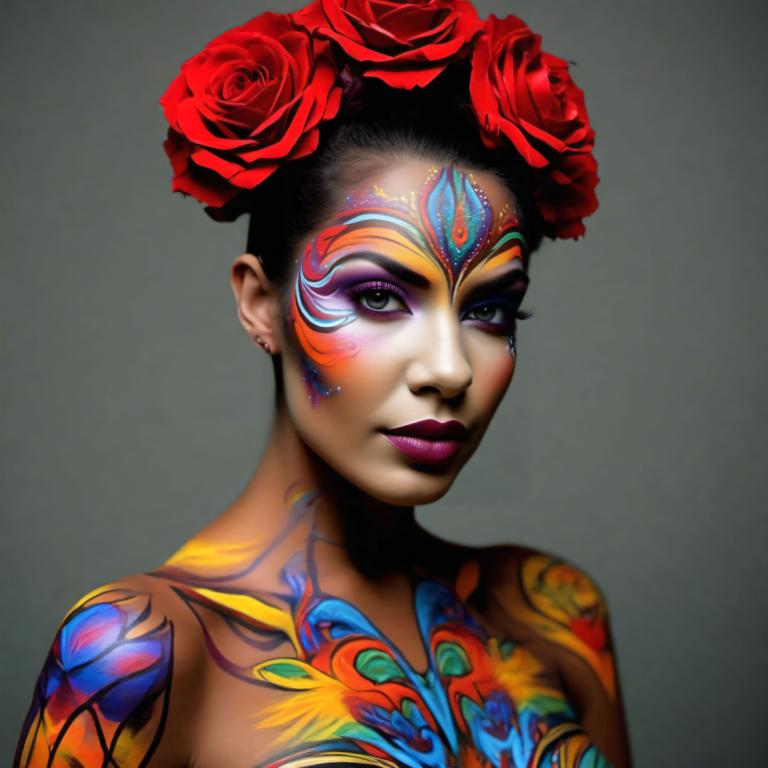 Bodypainting,Bodypainting, People, woman, 1girl, solo, flower, hair flower, hair ornament, makeup, earrings