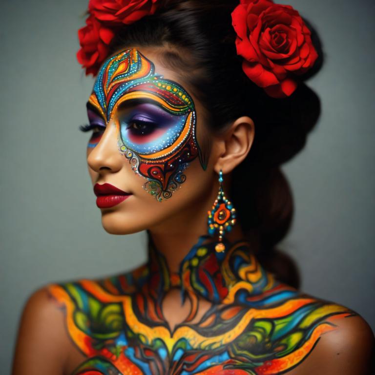 Bodypainting,Bodypainting, People, woman, 1girl, solo, flower, hair ornament, jewelry, earrings, hair flower