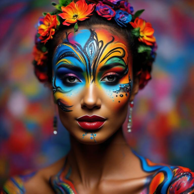 Bodypainting,Bodypainting, People, woman, 1girl, solo, facepaint, colorful, earrings, flower, jewelry, makeup