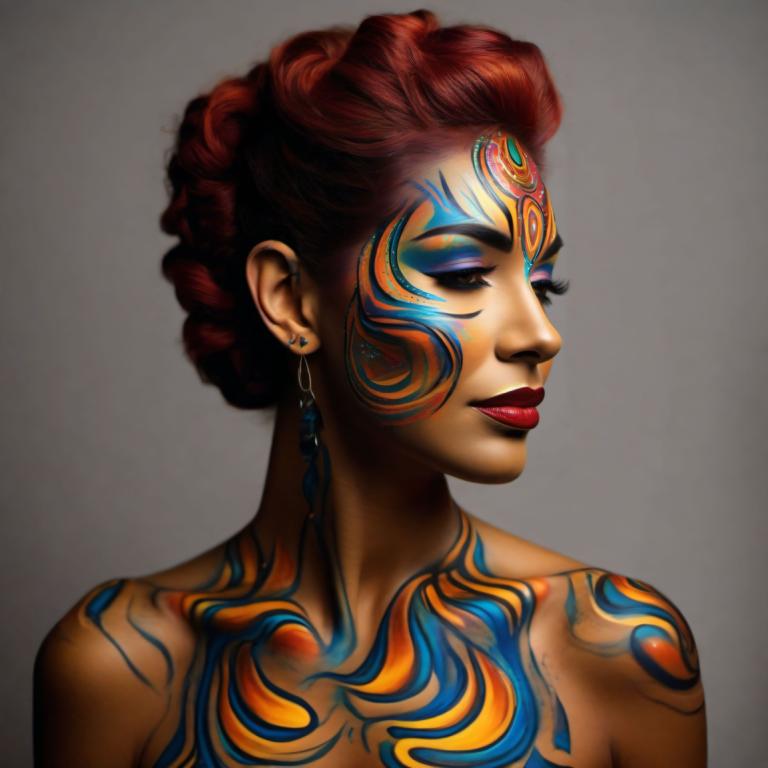 Bodypainting,Bodypainting, People, woman, 1girl, jewelry, solo, earrings, tattoo, red hair, makeup, lipstick